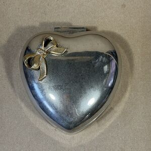 Silver Plated Heart Shaped Golden Bow Jewelry Trinket Box With Red Velvet Lining